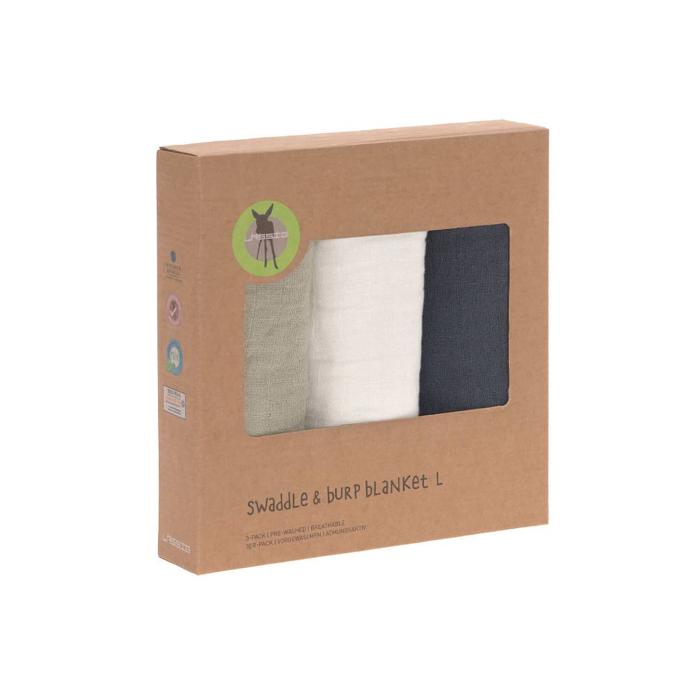Lässig Mulltücher (3 Stk) - Swaddle & Burp Blanket L, Olive Milky Navy Jubiläumsangebot