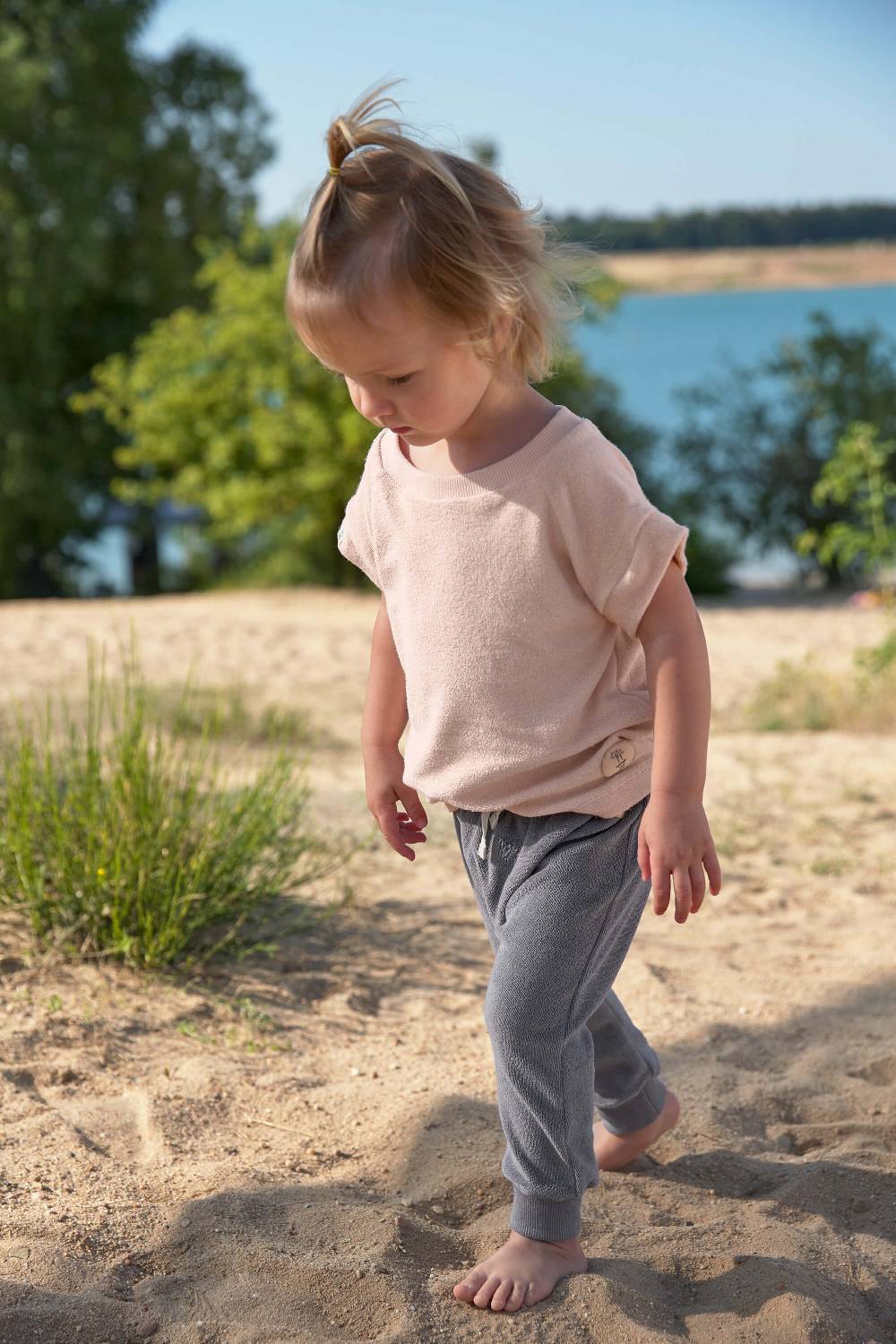Lässig Frottee T-Shirt Kinder - Powder Pink, Rosa Online Outlet
