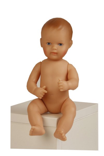 Schildkröt Manufaktur Puppe Mein 1. Baby 28 cm mit Malhaar und blauen Malaugen, Overall blau/weiss 2025