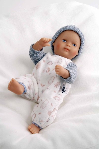 Schildkröt Manufaktur Puppe Mein 1. Baby 28 cm mit Malhaar und blauen Malaugen, Overall blau/weiss 2025