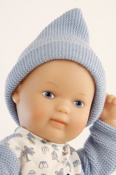 Schildkröt Manufaktur Puppe Mein 1. Baby 28 cm mit Malhaar und blauen Malaugen, Overall blau/weiß Strick 2025