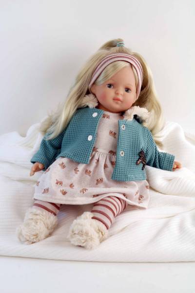 Schildkröt Manufaktur Puppe Strampelchen 37 blonde Haare, braune Malaugen, Winterkleidung rose/petrol Angebote