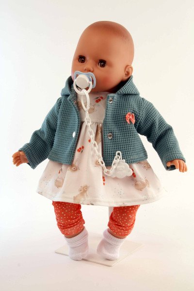 Schildkröt Manufaktur Baby Amy 45 cm mit Schnuller, Malhaar, braune Schlafaugen, Mäuschenkleidung Neuheiten