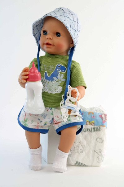 Schildkröt Manufaktur Trink + Näßbaby "Finn" 40 cm mit Malhaar und blauen Schlafaugen, Kleidung g weiss/grün/blau Fabrikverkauf
