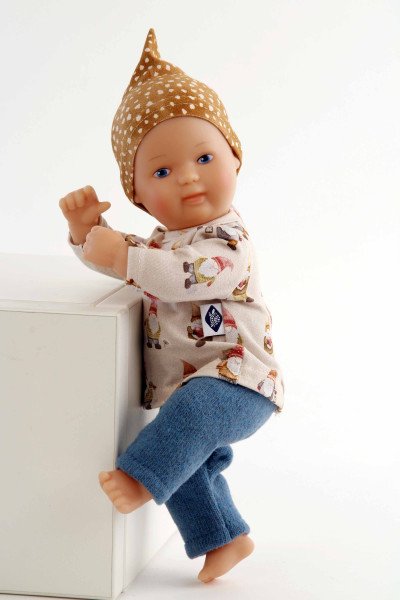 Schildkröt Manufaktur Puppe Mein 1. Baby 28 cm mit Malhaar und blauen Malaugen, Wichtelkleidung blau/braun Top Angebot