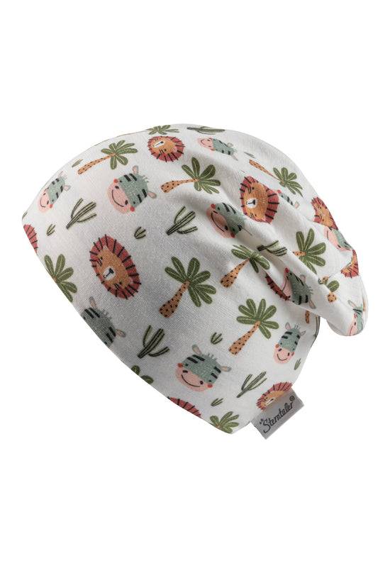 Sterntaler Beanie bedruckt mit niedlichen Safari-Tieren in ecru Begrenztes Angebot