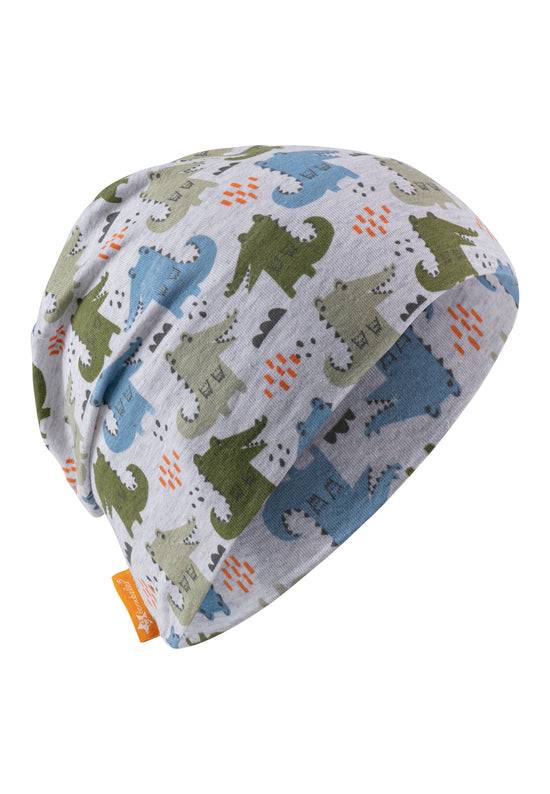 Sterntaler Beanie bedruckt mit bunten Krokodilen in silbergrau Kauf eins, bekomm eins gratis