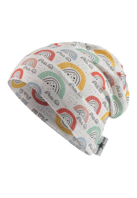 Sterntaler Beanie bedruckt mit bunten Regenbögen in ecru 2025