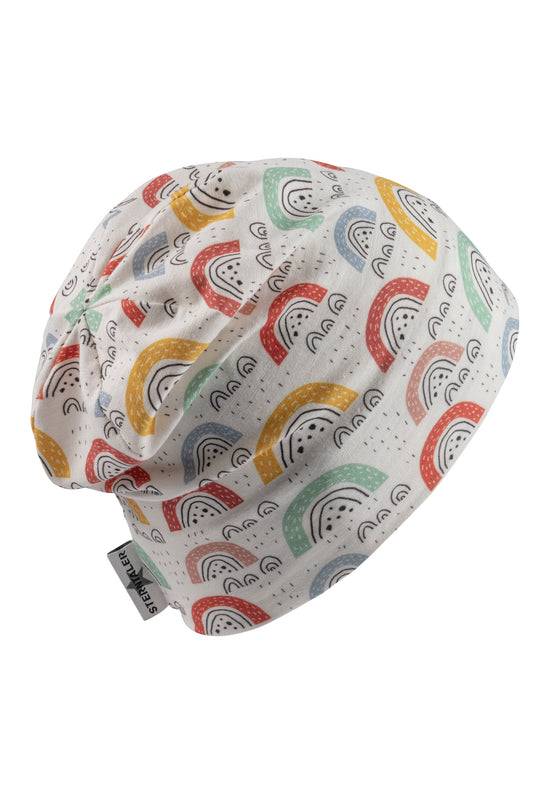 Sterntaler Beanie bedruckt mit bunten Regenbögen in ecru 2025
