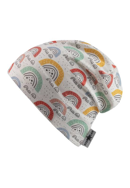 Sterntaler Beanie bedruckt mit bunten Regenbögen in ecru 2025