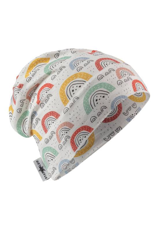 Sterntaler Beanie bedruckt mit bunten Regenbögen in ecru 2025