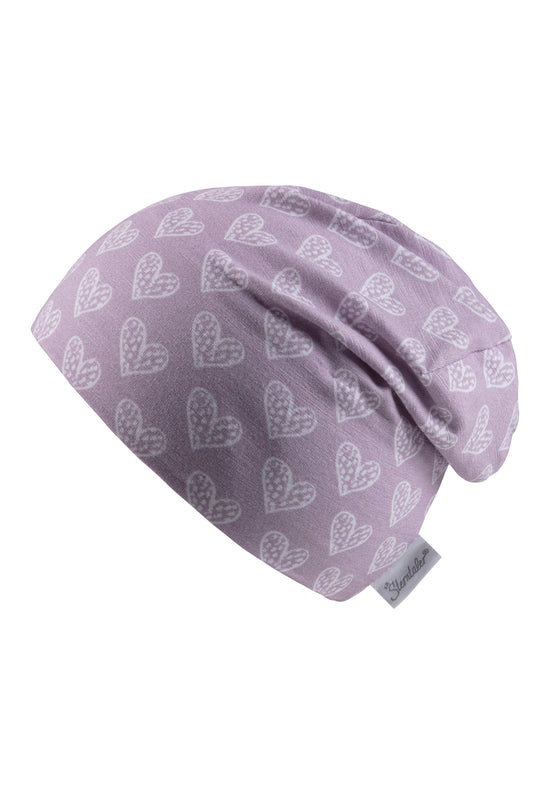 Sterntaler Beanie bedruckt mit Herzen in flieder Outlet