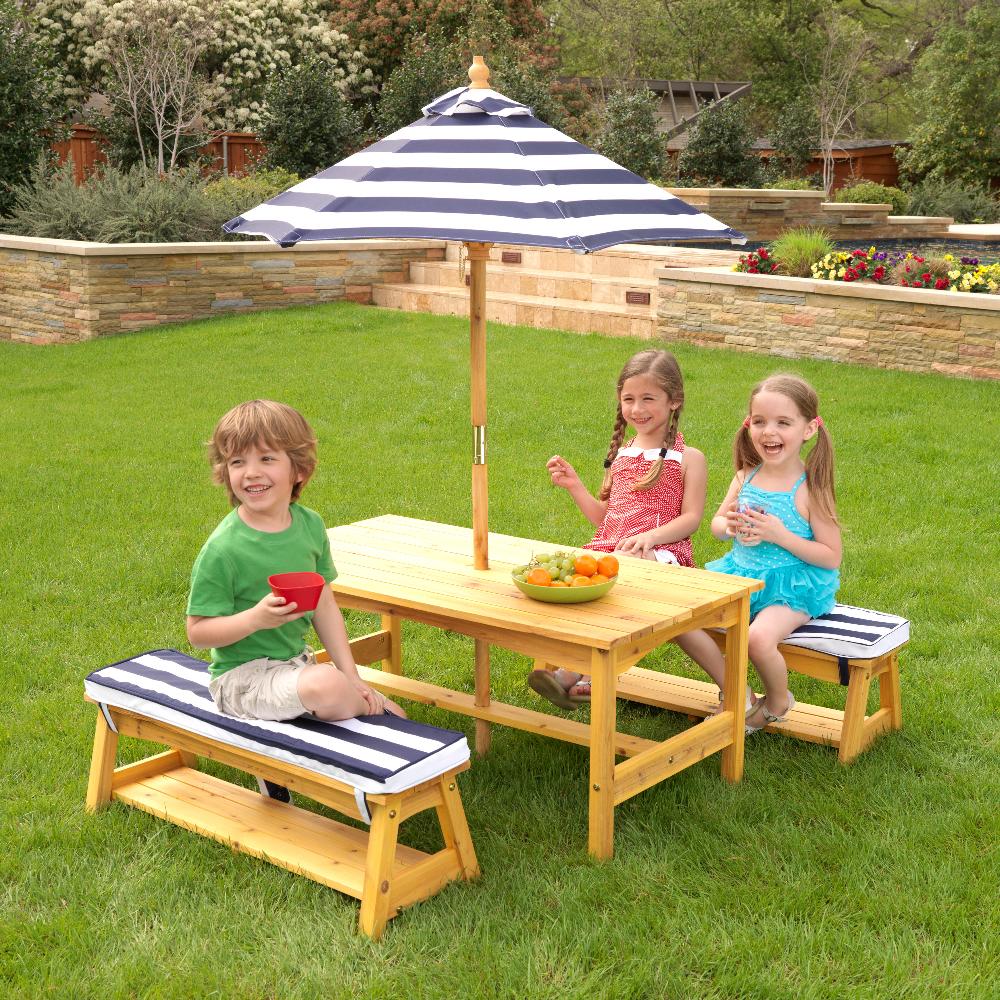 babymarkt Kinder Gartengarnitur mit Bänken Kissen und Sonnenschirm marineblau Neueste Mode
