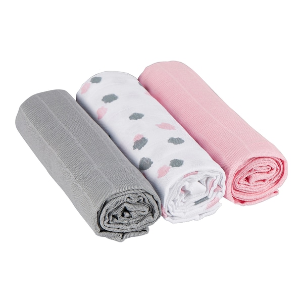 babywalz Bornino - BASICS3er-Pack Mullwindeln 80x80 cm rosa/grau/weiß