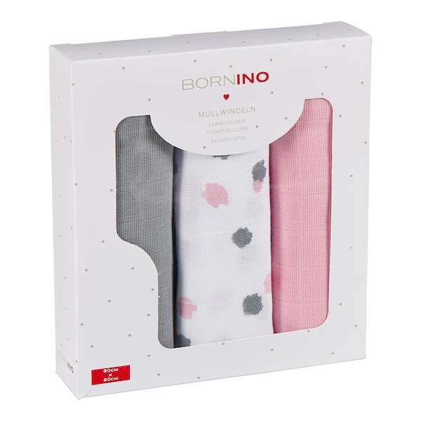 babywalz Bornino - BASICS3er-Pack Mullwindeln 80x80 cm rosa/grau/weiß Kostenlose Rückgabe