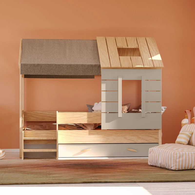 babyonlineshop Nature Kid My House Hausbett natur 90 x 200 cm inkl. Stoffdach und Bettkasten Verkauf