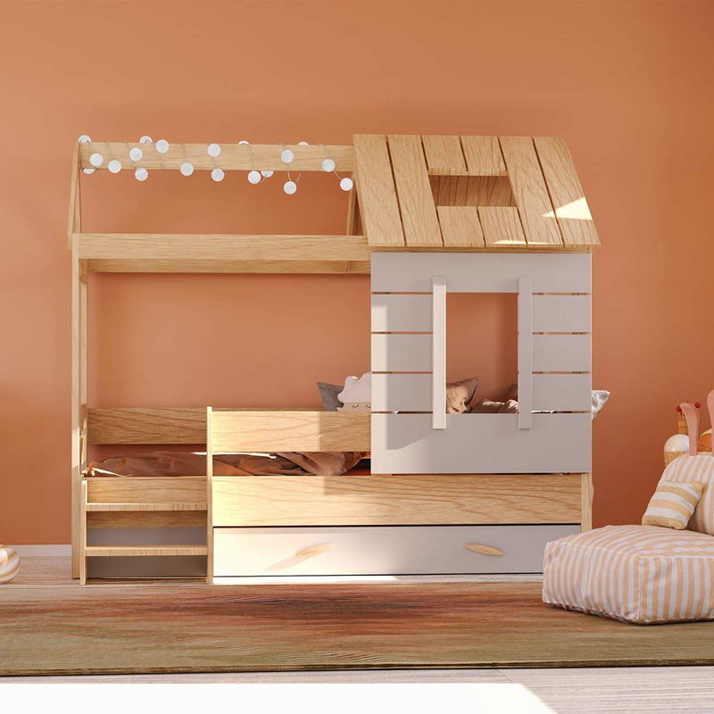babyonlineshop Nature Kid My House Hausbett natur 90 x 200 cm inkl. Stoffdach und Bettkasten Verkauf
