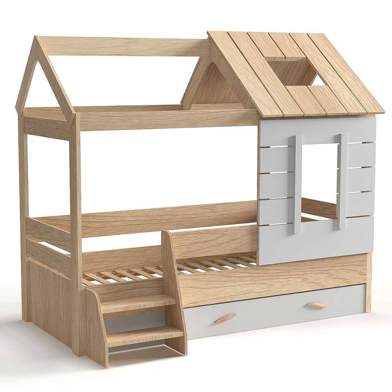 babyonlineshop Nature Kid My House Hausbett natur 90 x 200 cm inkl. Stoffdach und Bettkasten Verkauf