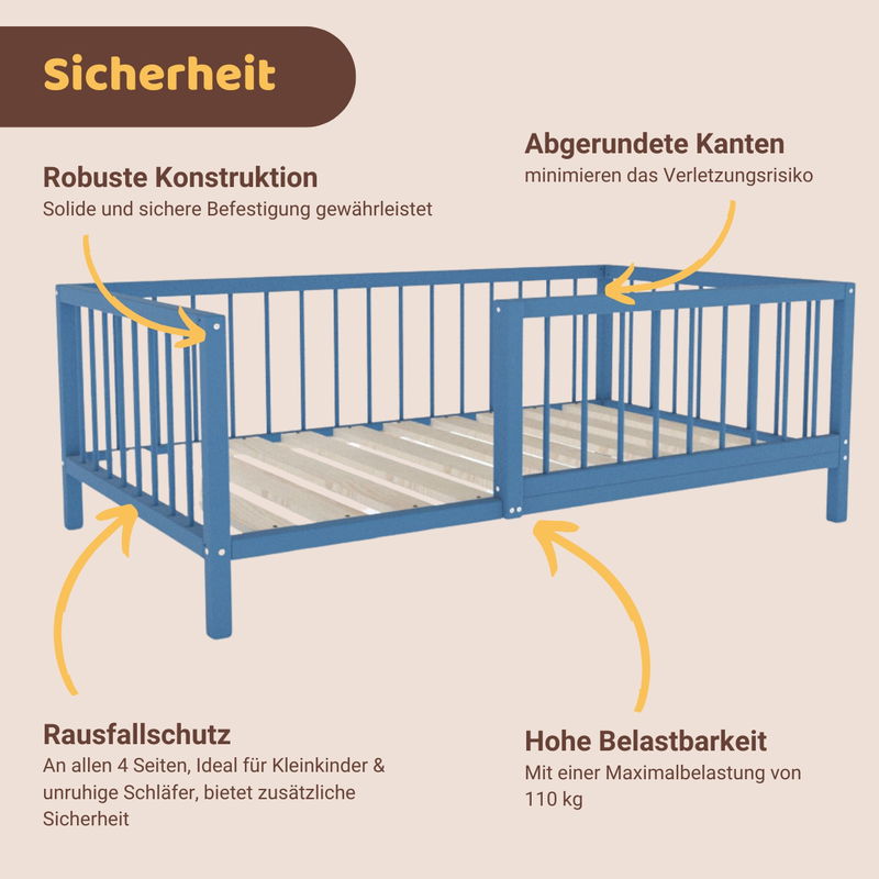 babyonlineshop Artkid Daniel Kinderbett montessori Bodenbett mit Rausfallschutz 90 x 160 cm blau Kiefer massiv Vierteljährliche Förderung