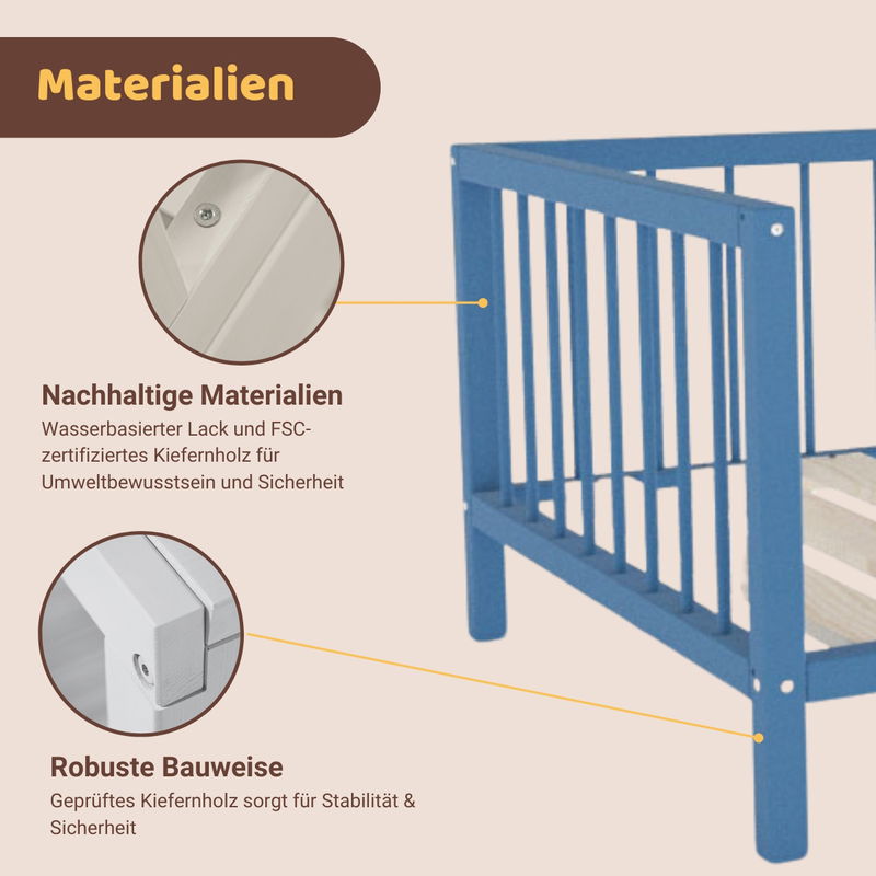 babyonlineshop Artkid Daniel Kinderbett montessori Bodenbett mit Rausfallschutz 90 x 160 cm blau Kiefer massiv Vierteljährliche Förderung