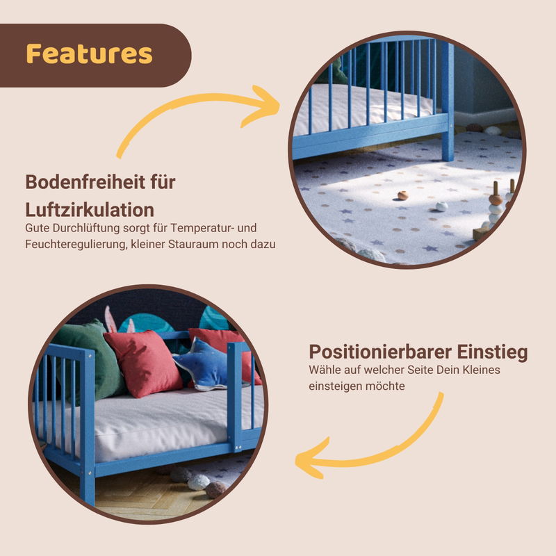 babyonlineshop Artkid Daniel Kinderbett montessori Bodenbett mit Rausfallschutz 90 x 160 cm blau Kiefer massiv Vierteljährliche Förderung