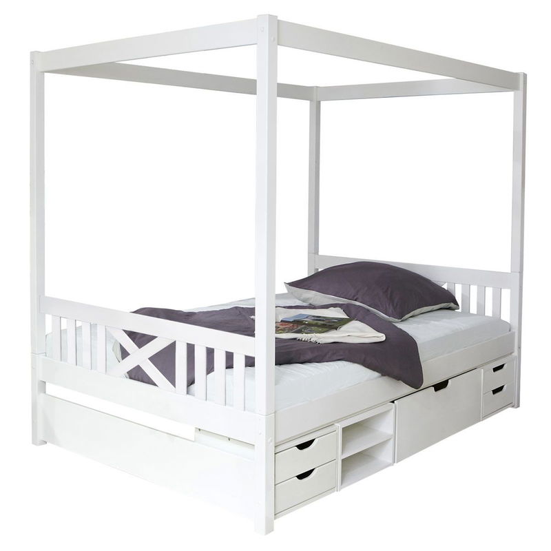 babyonlineshop Ticaa Himmelbett Lino Kiefer Weiß - Regalelement Massivholz - 140 x 200 cm Preisnachlass