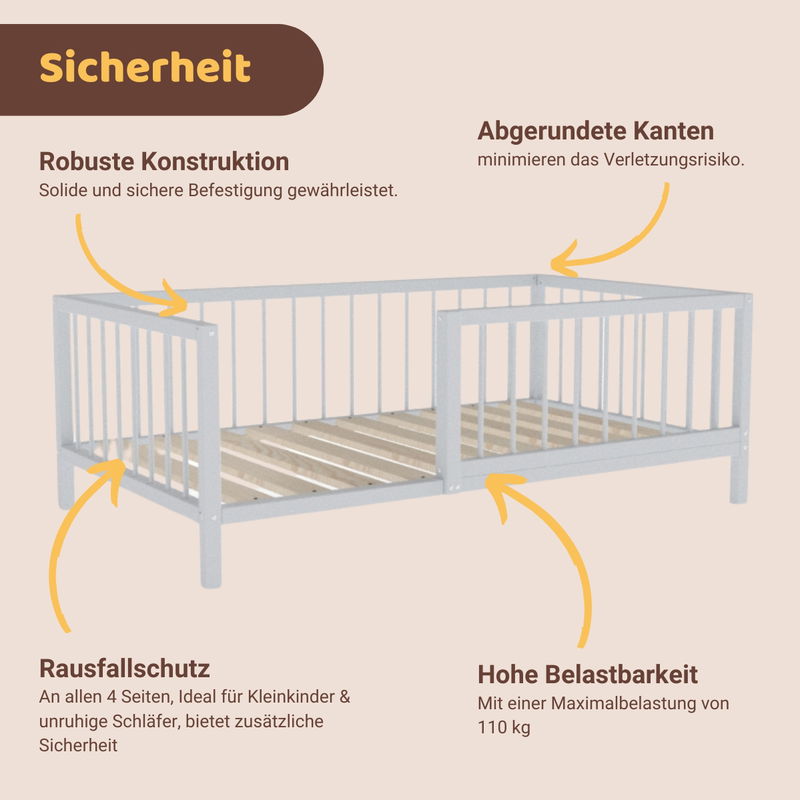 babyonlineshop Artkid Daniel Kinderbett 90 x 160 cm montessori Bodenbett mit Rausfallschutz weiß Kiefer massiv Osterangebot