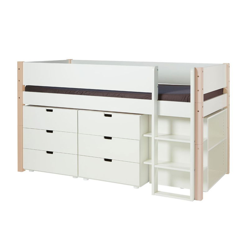 babyonlineshop Manis-h Halbhohes Bett ARN 90x200 cm Pfosten Buche inkl. Kommoden & Regal - 22 Farben wählbar ( Farbe Bett: Snow White / -11 mit Absturzsicherung NORMAL 10400-Farbe Snow White / -11 Snow White / -11) Heißer Verkauf