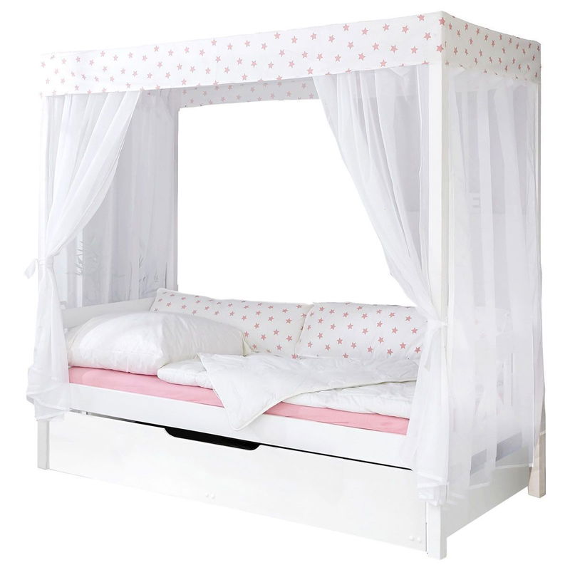 babyonlineshop Ticaa Himmelbett Stern Weiß-Rosa Kiefer Weiß inkl. Bettkasten & Tüll-Textilien - 90 x 200 cm Online Outlet
