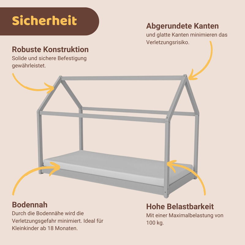 babyonlineshop Artkid Haley Grau Montessori Hausbett Bodenbett 90x200 inkl. Lattenrost massive Kiefer zollfrei