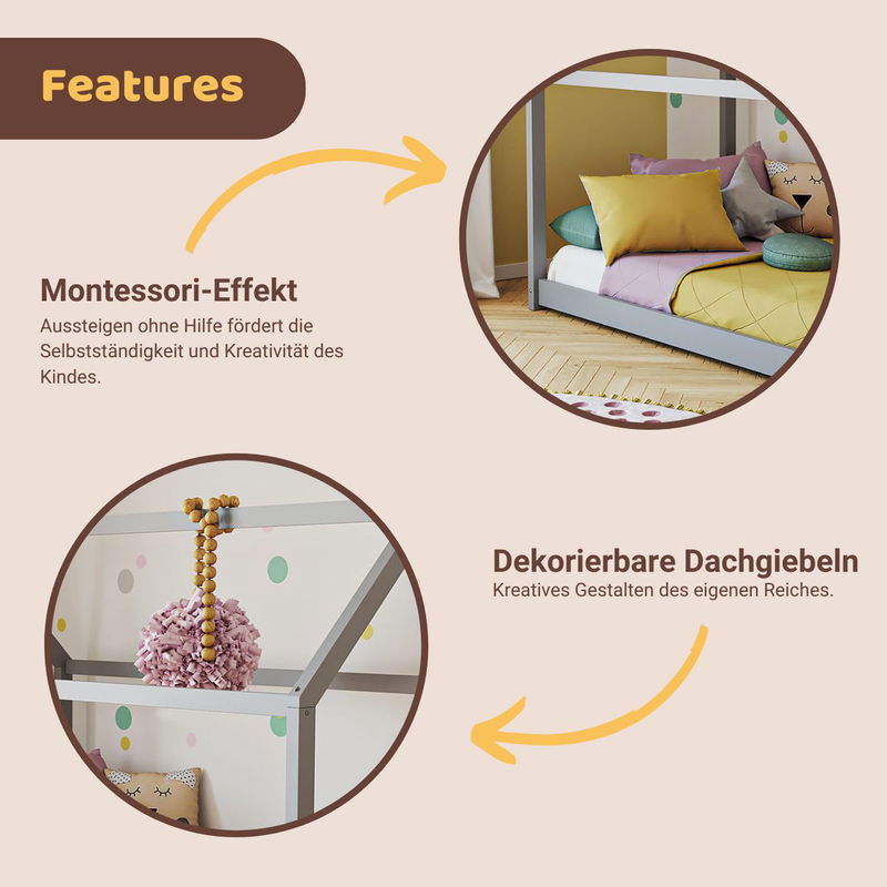 babyonlineshop Artkid Haley Grau Montessori Hausbett Bodenbett 90x200 inkl. Lattenrost massive Kiefer zollfrei