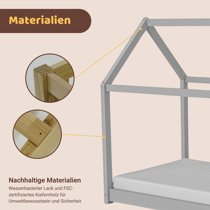 babyonlineshop Artkid Haley Grau Montessori Hausbett Bodenbett 90x200 inkl. Lattenrost massive Kiefer zollfrei