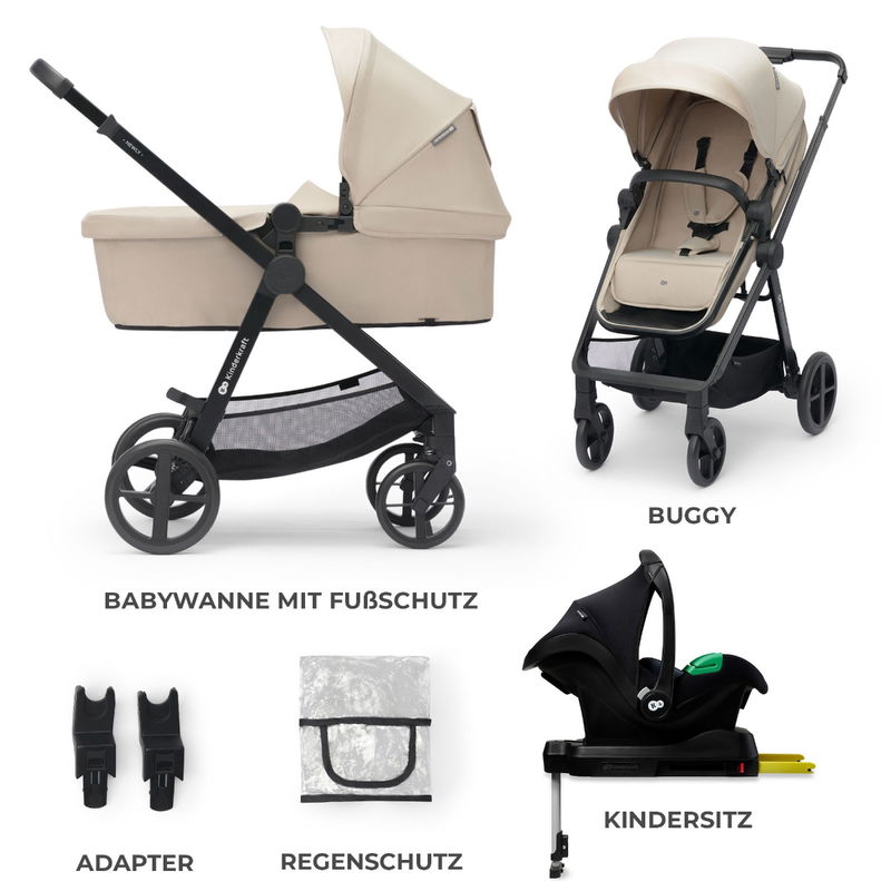 babyonlineshop Kinderkraft Kinderwagen 4in1 NEWLY Mink Pro sand beige + base zollfrei