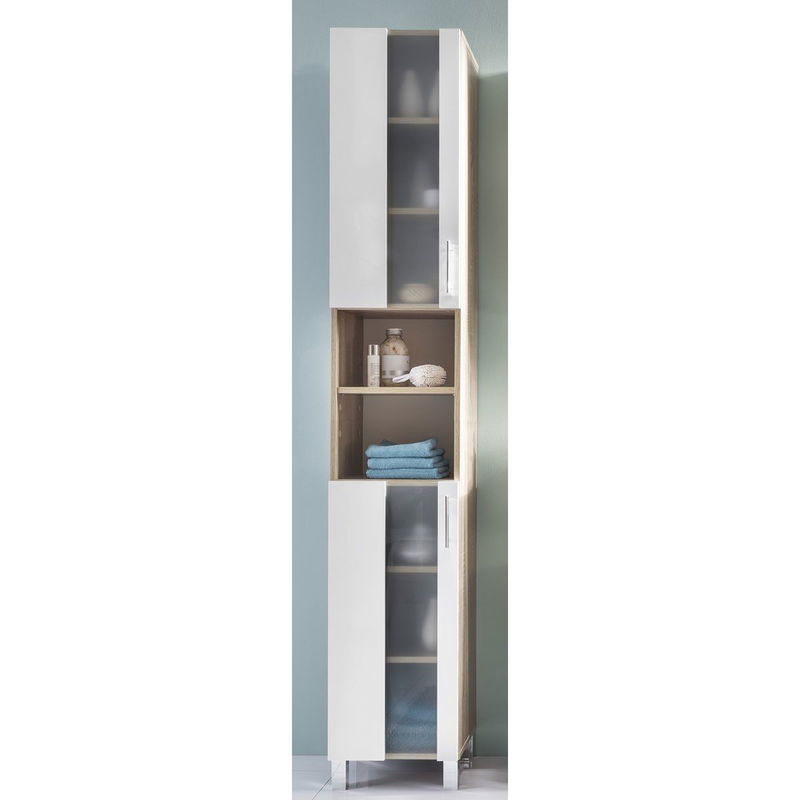 babyonlineshop trendteam Porto Hochschrank Weiß / Eiche Sägerau Hell Räumungsverkauf