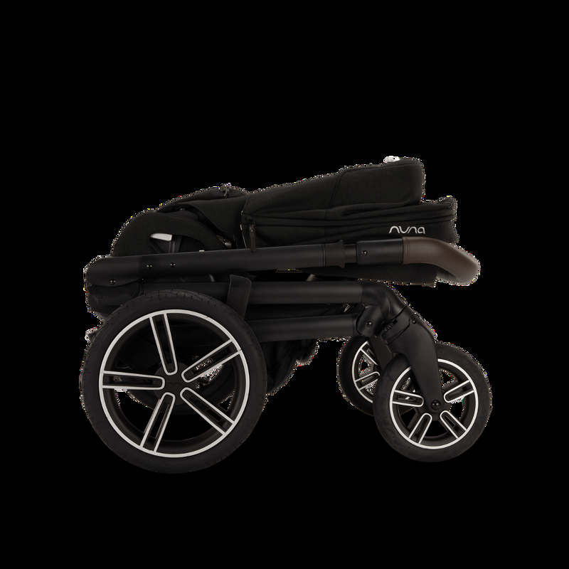 babyonlineshop Nuna MIXX next Kinderwagen mit magnetischem Verschluss inkl. Kniedecke Adapter Regenverdeck & braunem Ledergriff Caviar Sonderangebot