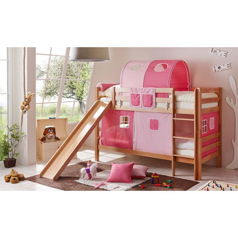 babyonlineshop Ticaa Lupo Etagenbett mit Rutsche Buche natur Massivholz - Vorhang-Dessin wählbar Neuheiten