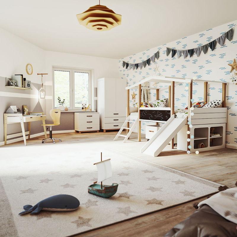 babyonlineshop Nature Kid Cory Kinderzimmer weiß/natur 8-teilig mit Hausbett 90 x 200 cm Dach & Schreibtisch Kauf eins, bekomm eins gratis