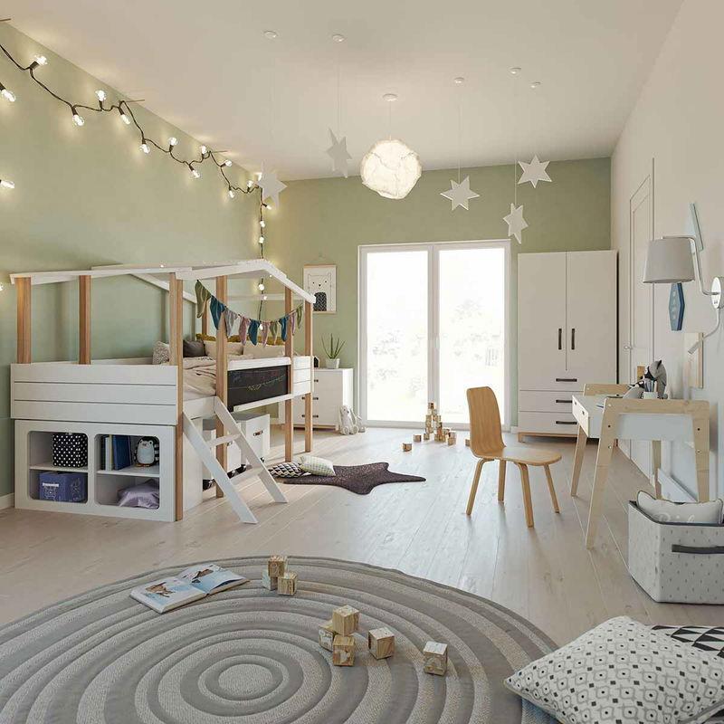 babyonlineshop Nature Kid Cory Kinderzimmer weiß/natur 8-teilig mit Hausbett 90 x 200 cm Dach & Schreibtisch Kauf eins, bekomm eins gratis