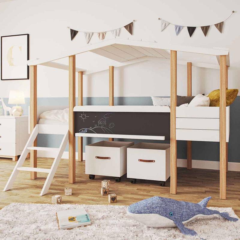 babyonlineshop Nature Kid Cory Kinderzimmer weiß/natur 8-teilig mit Hausbett 90 x 200 cm Dach & Schreibtisch Kauf eins, bekomm eins gratis